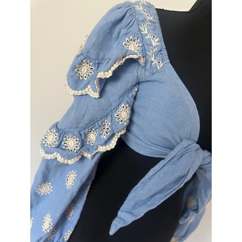 LoveShackFancy Blue Eyelet Ruffle Sleeve Tie Front Crop Top Blouse Large - Picture 4 of 9